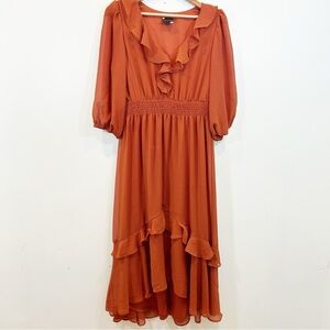 Maison Tara Rust Orange Midi Chiffon Dress Ruffles 3/4 Sleeves Bohemian Size 12